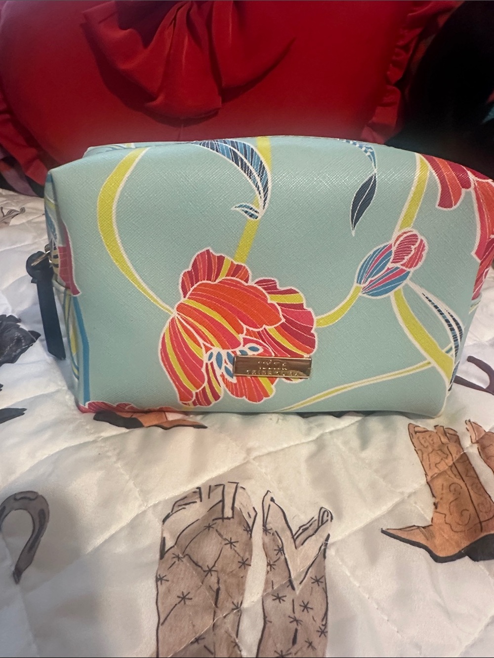 Trina Turk Mint Floral Zip Cosmetic Case